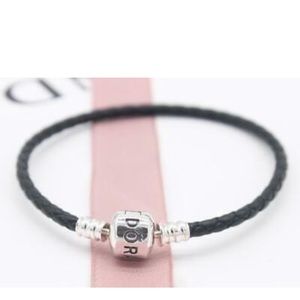 Authentic pandora silver black leather bracelet